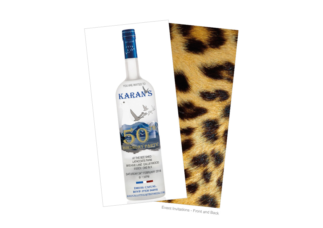 50th Birthday Invitations on Greygoose Vodka Bottle with leaopardskin back and 50 poster with photo montage